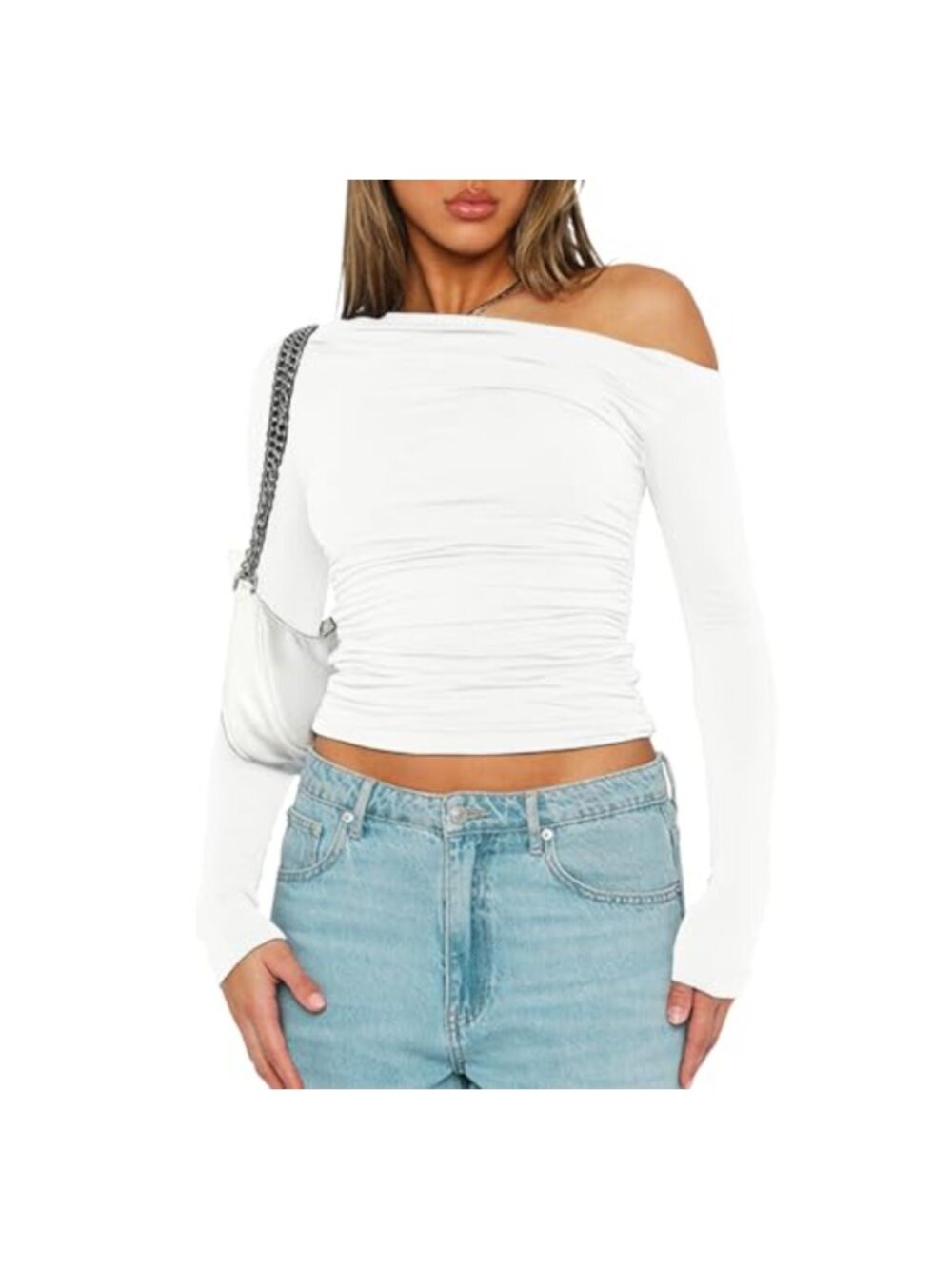 One Off Shoulder Long Sleeve Ruched Crop Top Slim Fit Asymmetrical Neck